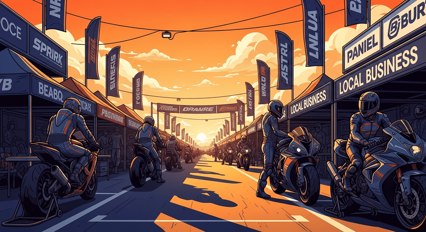 Motorcycle track day paddock with sponsor banners and local businesses